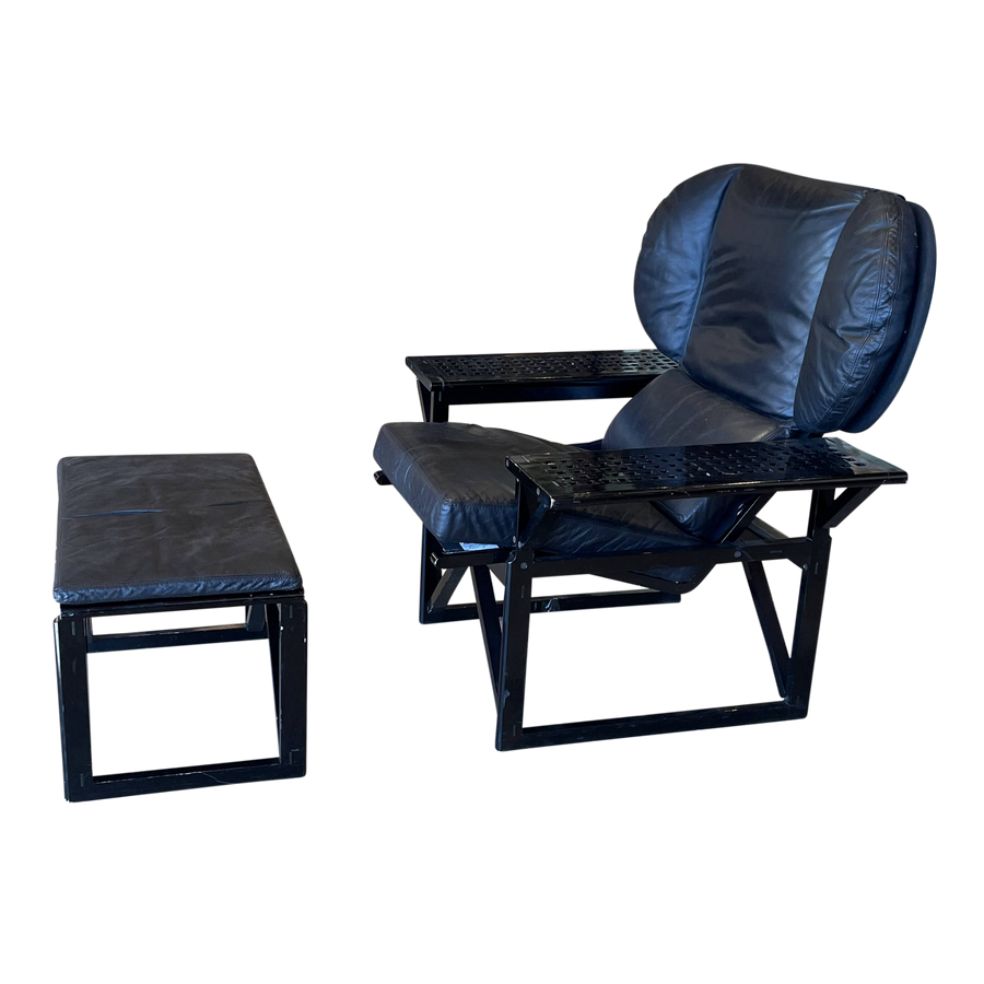 Black Leather Lounge Chair + Ottoman by Marc Berthier