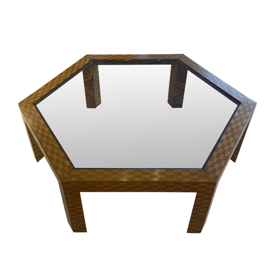 Checkered Wood and Glass Hexagonal Coffee Table