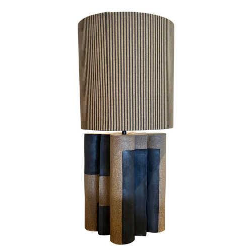 Large Geometric Ceramic Table Lamp with Striped Shade