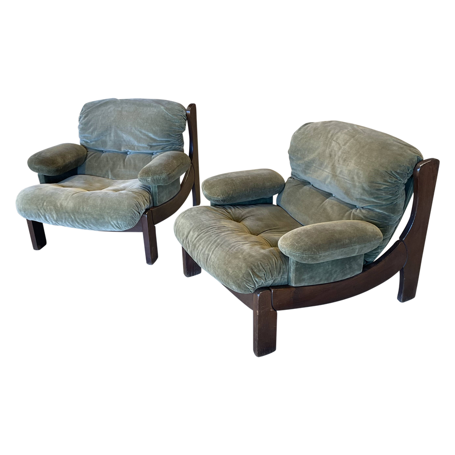 Pair of Sage Velvet and Wood Frame Armchairs