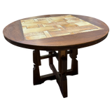 Guillerme et Chambron Oak and Ceramic Tile Table, France, 1960s