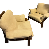 Pair of Italian Walnut Frame Lounge Chairs in Cream Fabric, 1960s