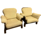 Pair of Italian Walnut Frame Lounge Chairs in Cream Fabric, 1960s