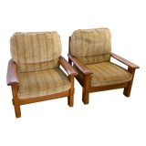 Pair of Neutral Striped Wood Frame Lounge Chairs, 1970s