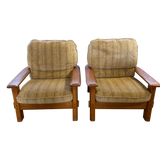 Pair of Neutral Striped Wood Frame Lounge Chairs, 1970s