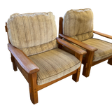 Pair of Neutral Striped Wood Frame Lounge Chairs, 1970s