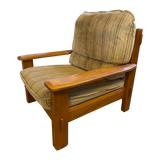 Pair of Neutral Striped Wood Frame Lounge Chairs, 1970s