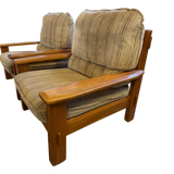 Pair of Neutral Striped Wood Frame Lounge Chairs, 1970s