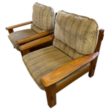 Pair of Neutral Striped Wood Frame Lounge Chairs, 1970s