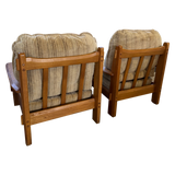 Pair of Neutral Striped Wood Frame Lounge Chairs, 1970s