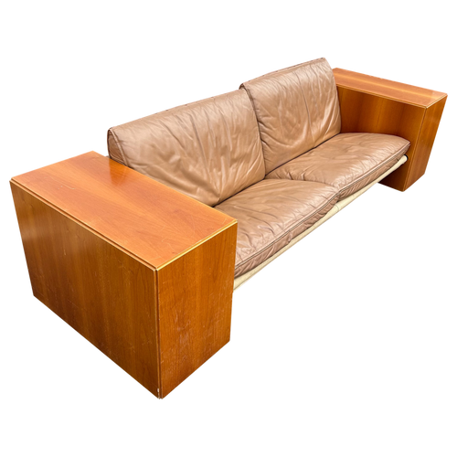 Chunky Wood Arm Leather Sofa attr. Artek