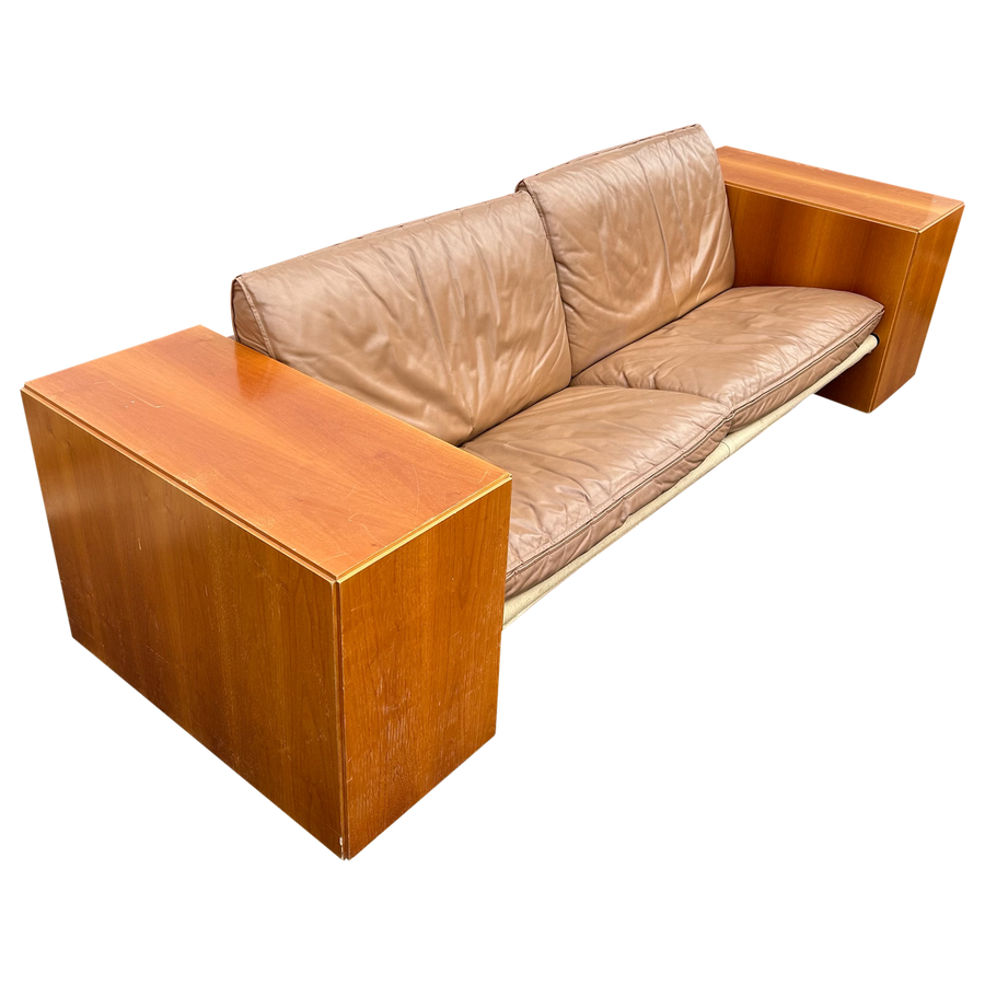 Chunky Wood Arm Leather Sofa attr. Artek