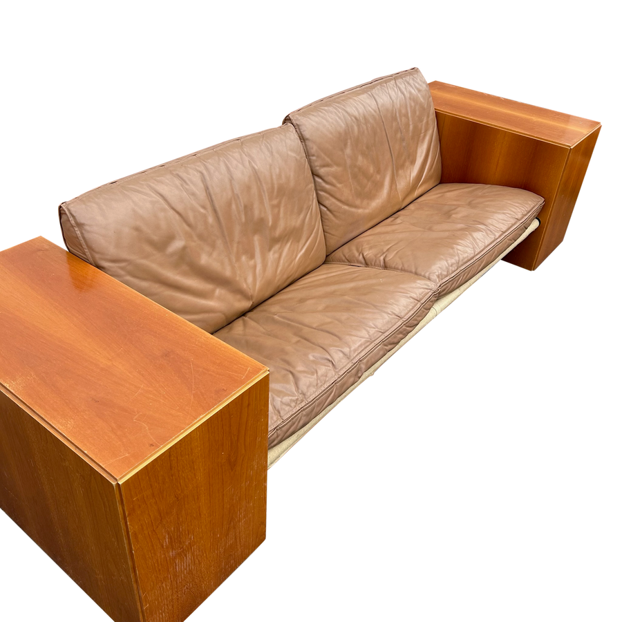 Chunky Wood Arm Leather Sofa attr. Artek