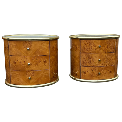Pair of Italian Burl and Brass Nightstands, 1970s