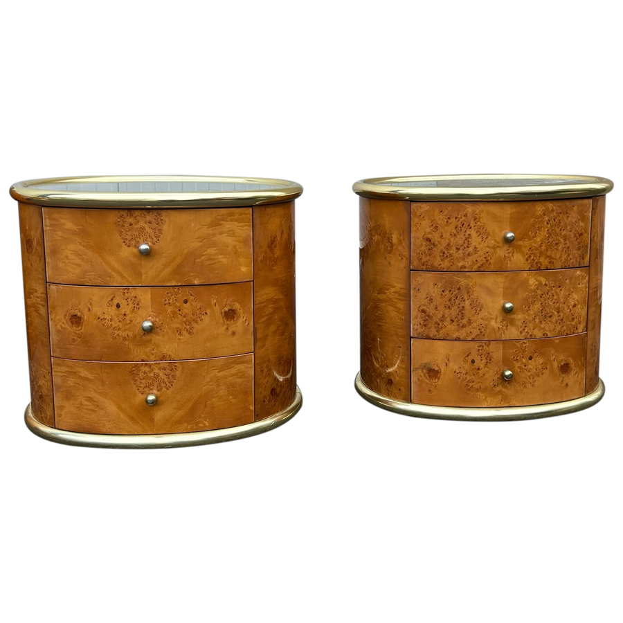 Pair of Italian Burl and Brass Nightstands, 1970s