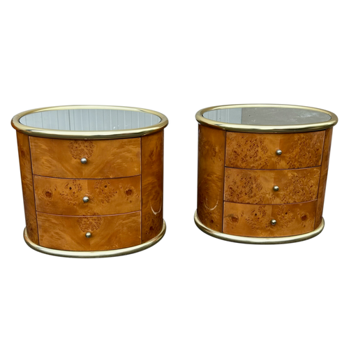 Pair of Italian Burl and Brass Nightstands, 1970s