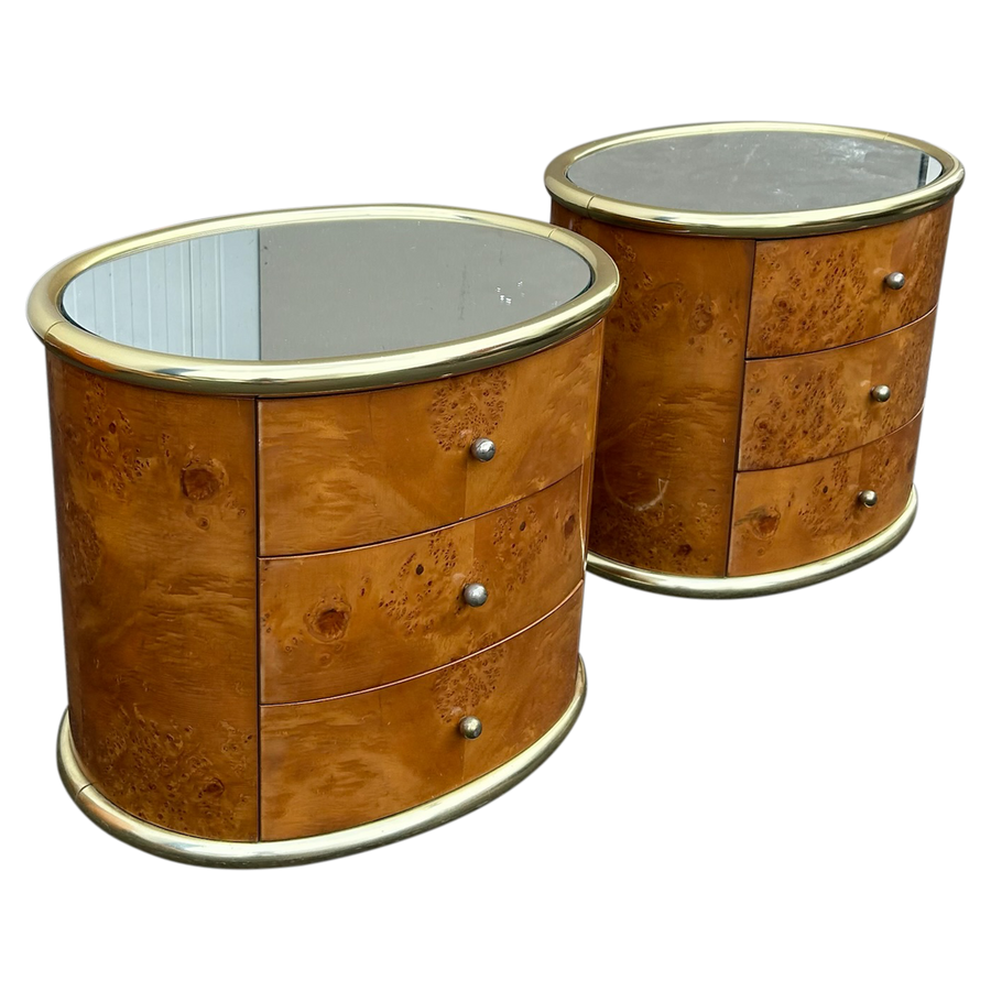 Pair of Italian Burl and Brass Nightstands, 1970s