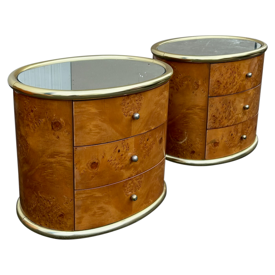 Pair of Italian Burl and Brass Nightstands, 1970s