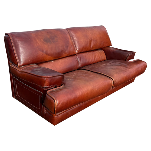 Oxblood Leather Three Seat Sofa, Italy, 1970s