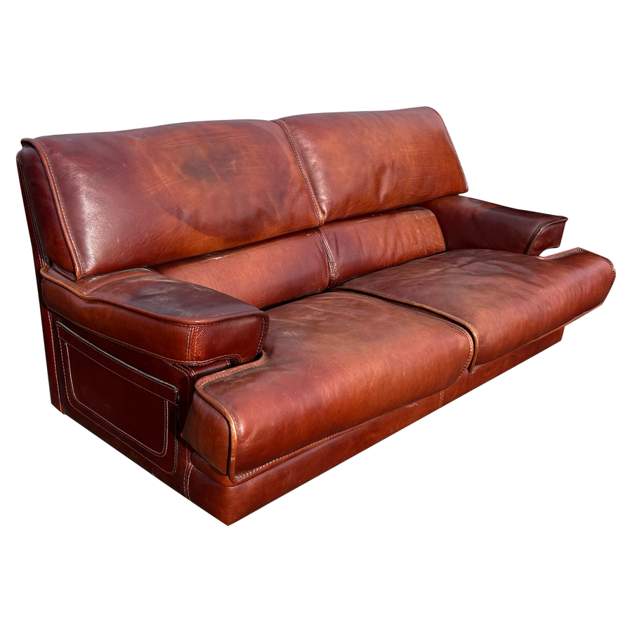 Oxblood Leather Three Seat Sofa, Italy, 1970s