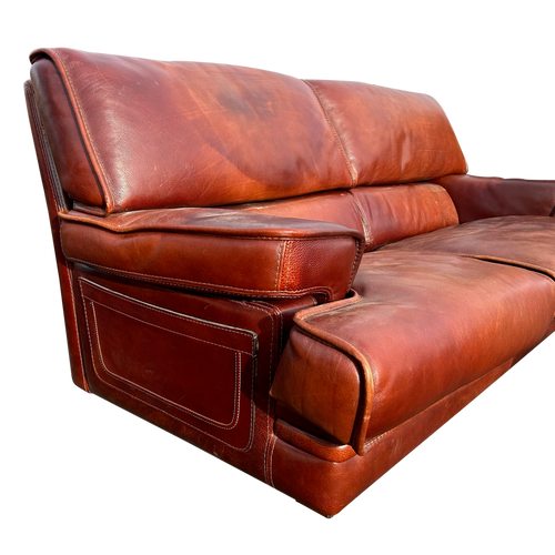 Oxblood Leather Three Seat Sofa, Italy, 1970s