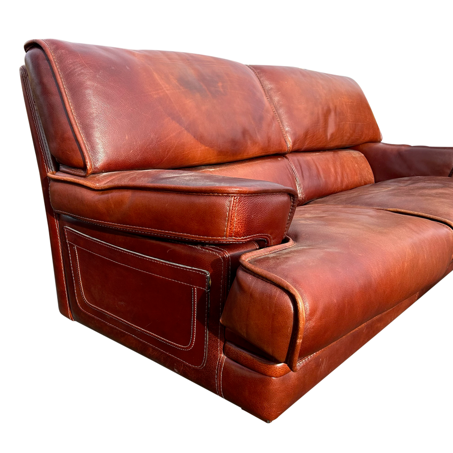 Oxblood Leather Three Seat Sofa, Italy, 1970s