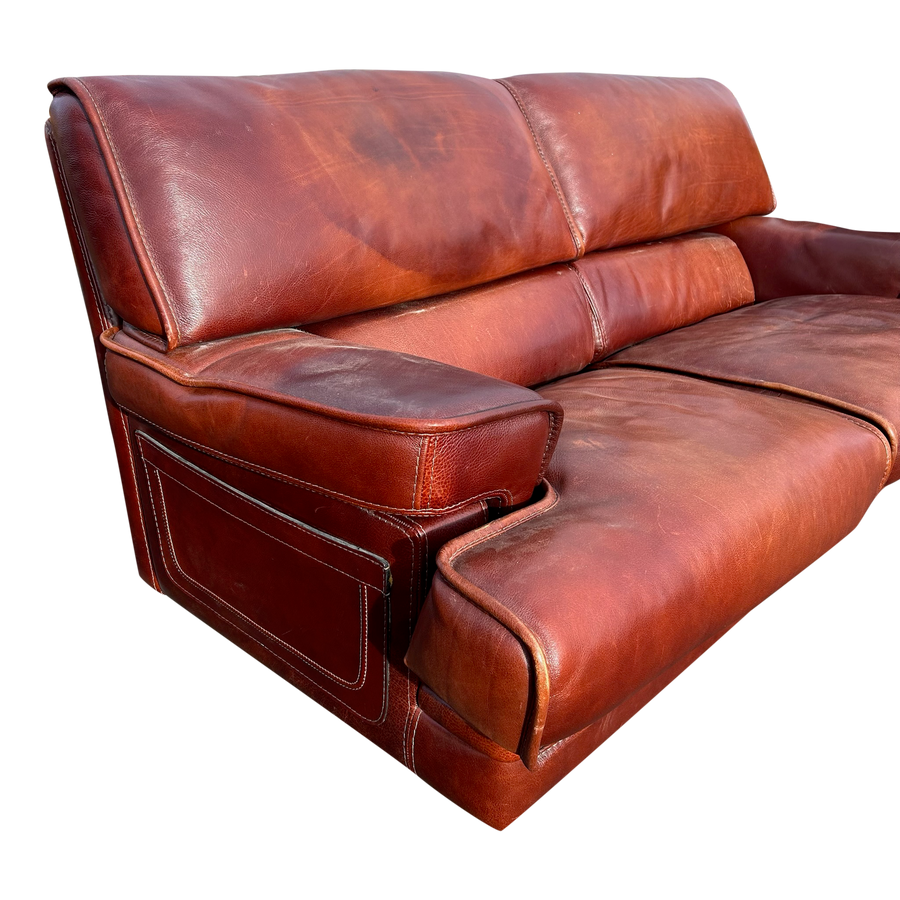 Oxblood Leather Three Seat Sofa, Italy, 1970s