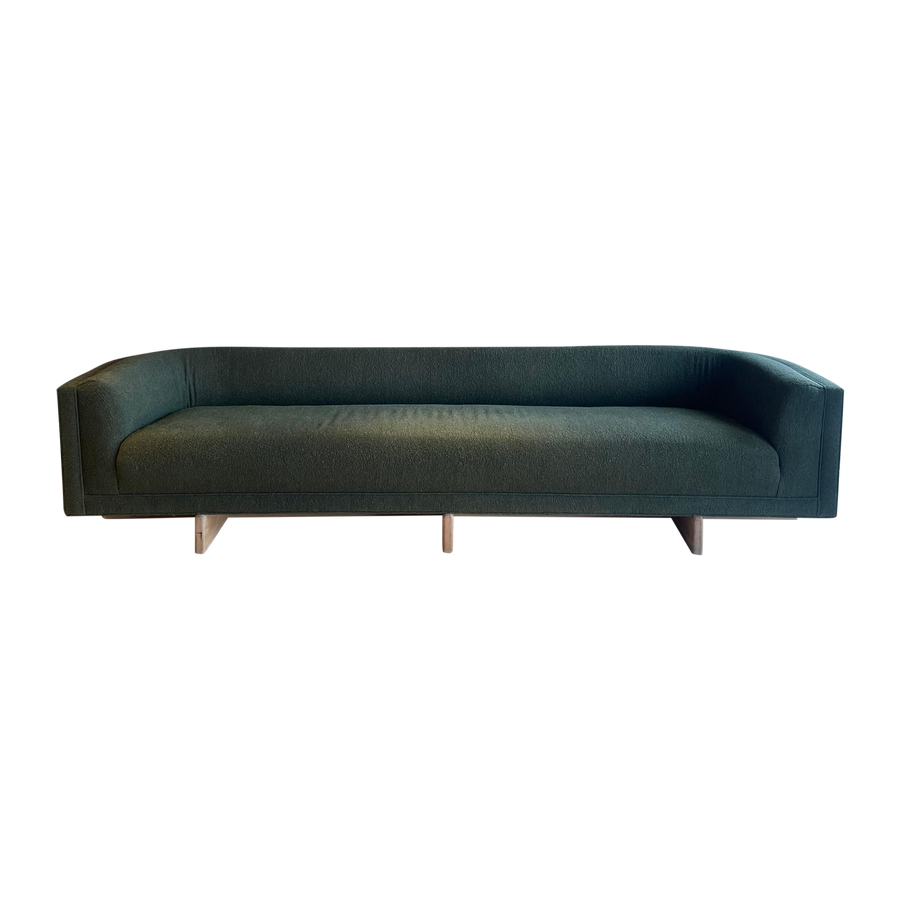 Mid Century Style Curved Green Sofa on Custom Oak Base
