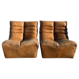 Pair of Cognac Channeled Leather Armless Lounge Chairs