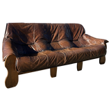 Brazilian Brutalist Wood Frame Leather Sofa