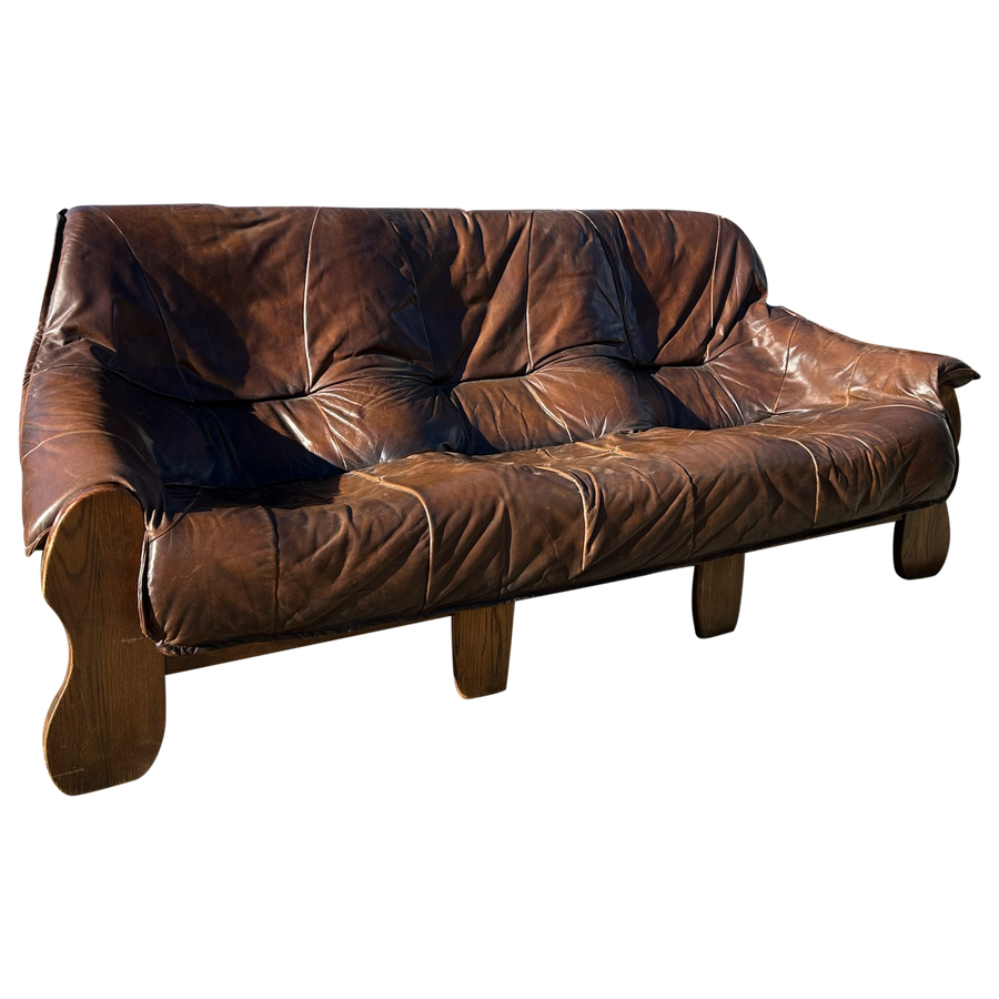 Brazilian Brutalist Wood Frame Leather Sofa