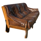 Brazilian Brutalist Wood Frame Leather Sofa