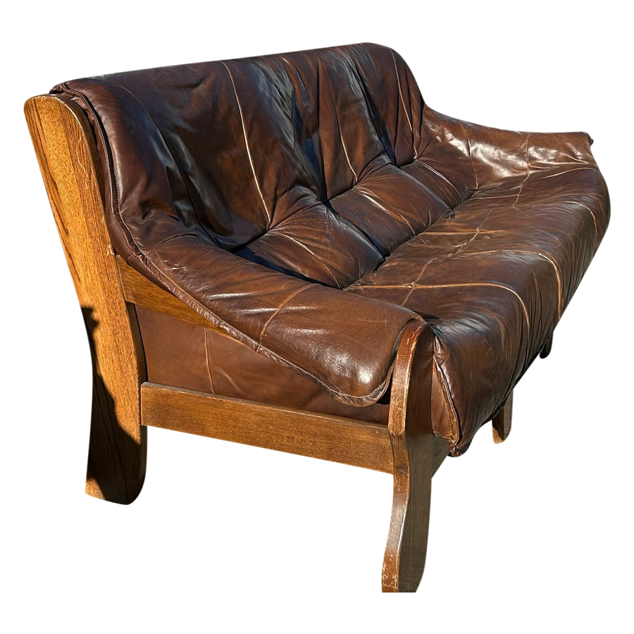 Brazilian Brutalist Wood Frame Leather Sofa