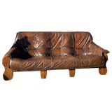 Brazilian Brutalist Wood Frame Leather Sofa