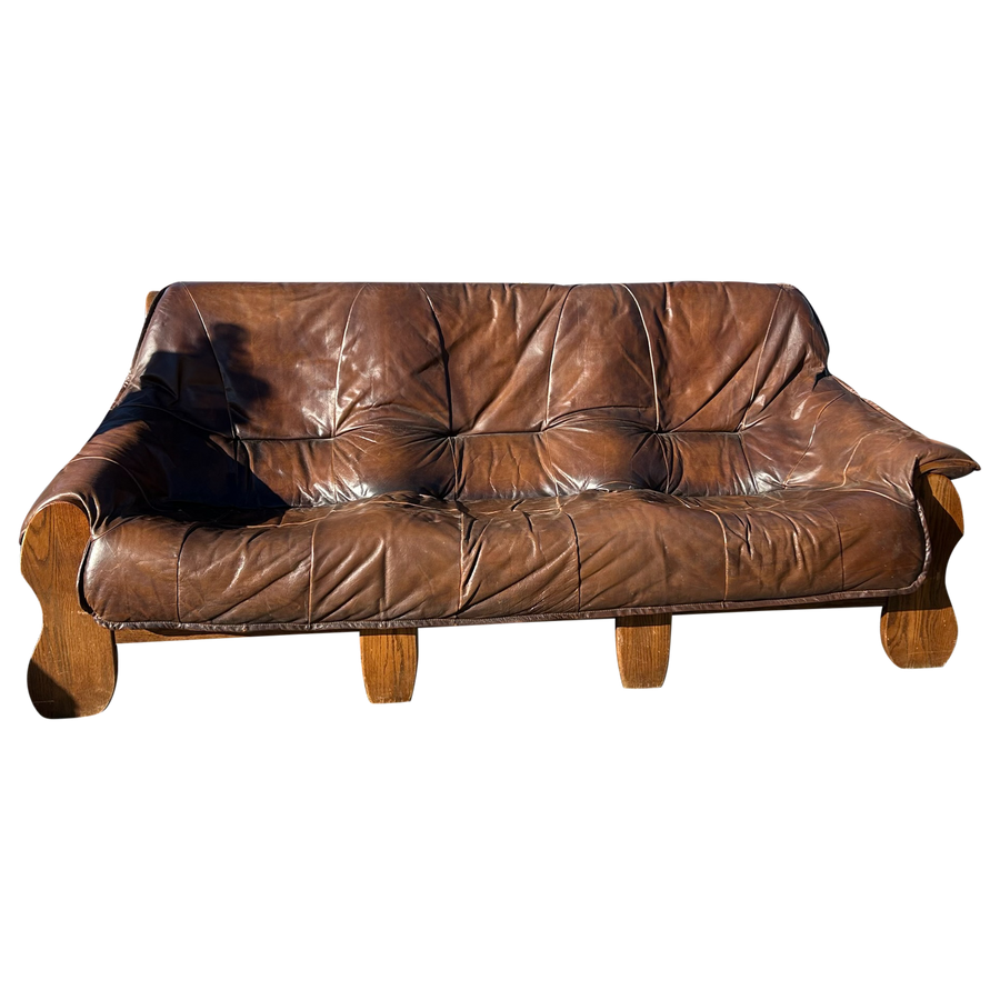 Brazilian Brutalist Wood Frame Leather Sofa