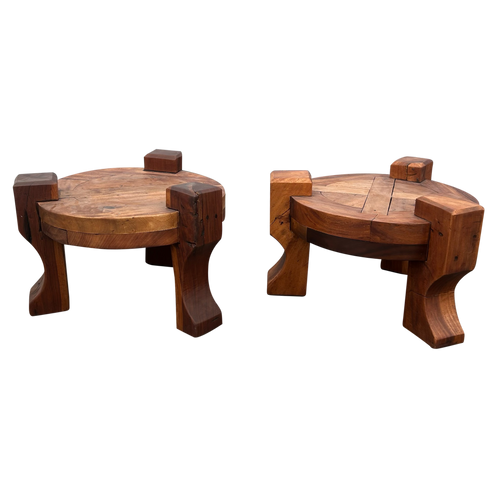 Pair of Solid Wooden Brutalist End Tables, Brazil, 1960s