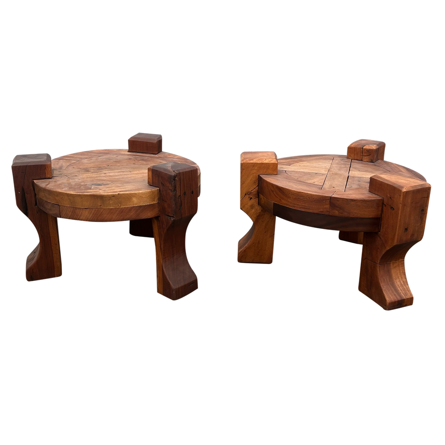 Pair of Solid Wooden Brutalist End Tables, Brazil, 1960s