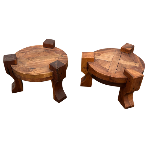 Pair of Solid Wooden Brutalist End Tables, Brazil, 1960s