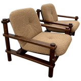 Pair of Textured Boucle Wood Frame Armchairs