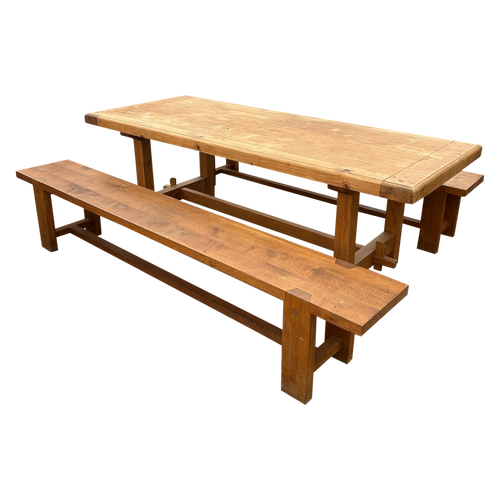 Vintage French Pine Trestle Dining Table and Bench Set