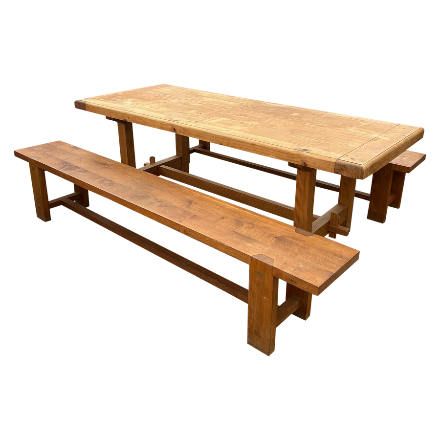 Vintage French Pine Trestle Dining Table and Bench Set