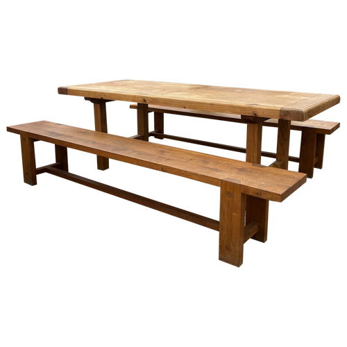 Vintage French Pine Trestle Dining Table and Bench Set