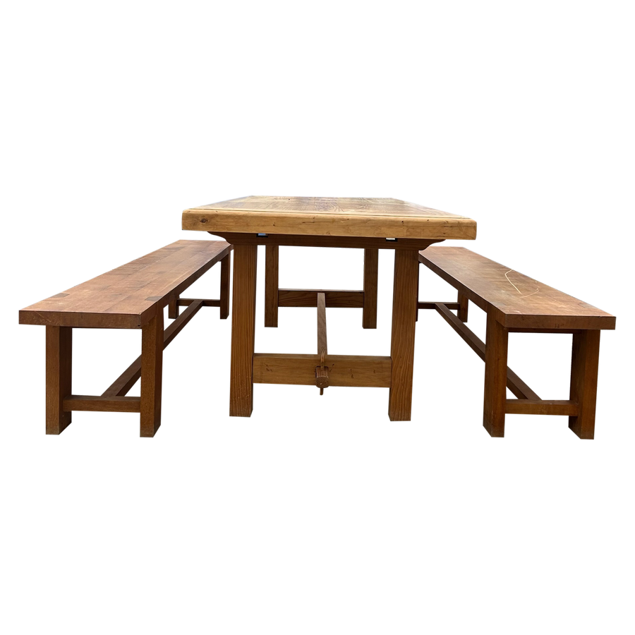 Vintage French Pine Trestle Dining Table and Bench Set