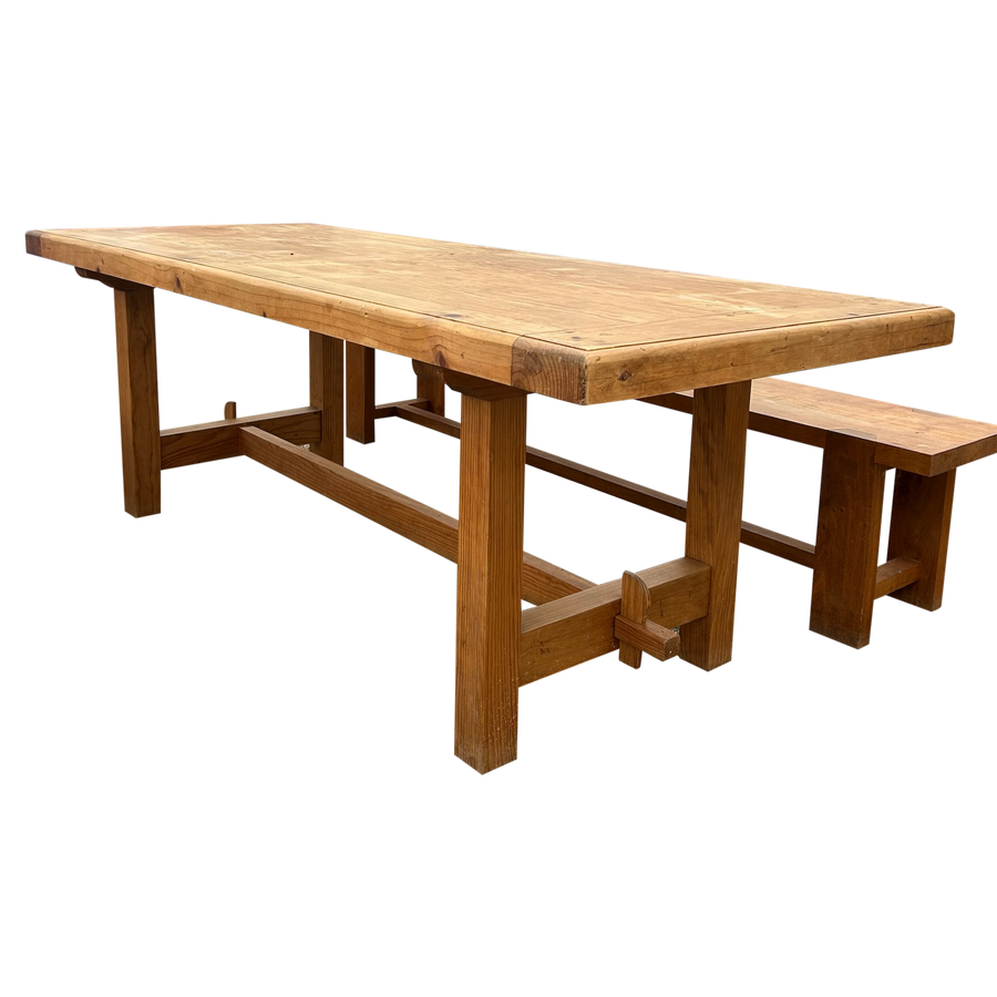 Vintage French Pine Trestle Dining Table and Bench Set