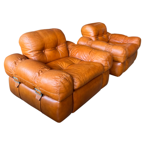 Pair of Tufted Leather Chairs with Buckles