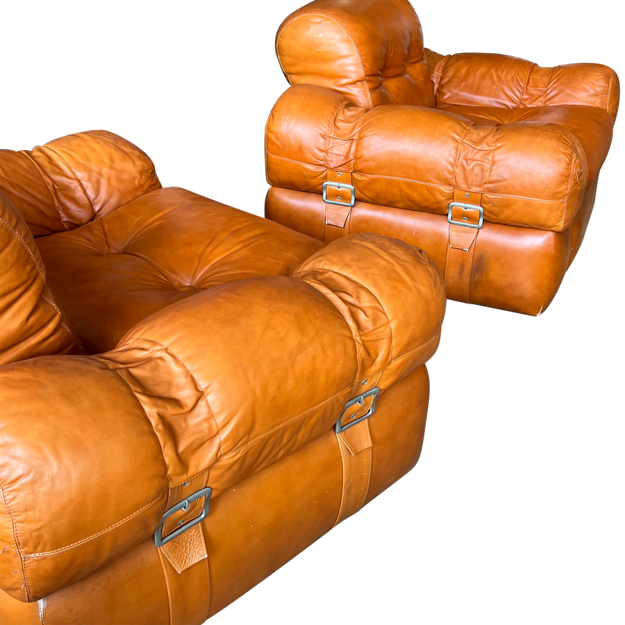 Pair of Tufted Leather Chairs with Buckles