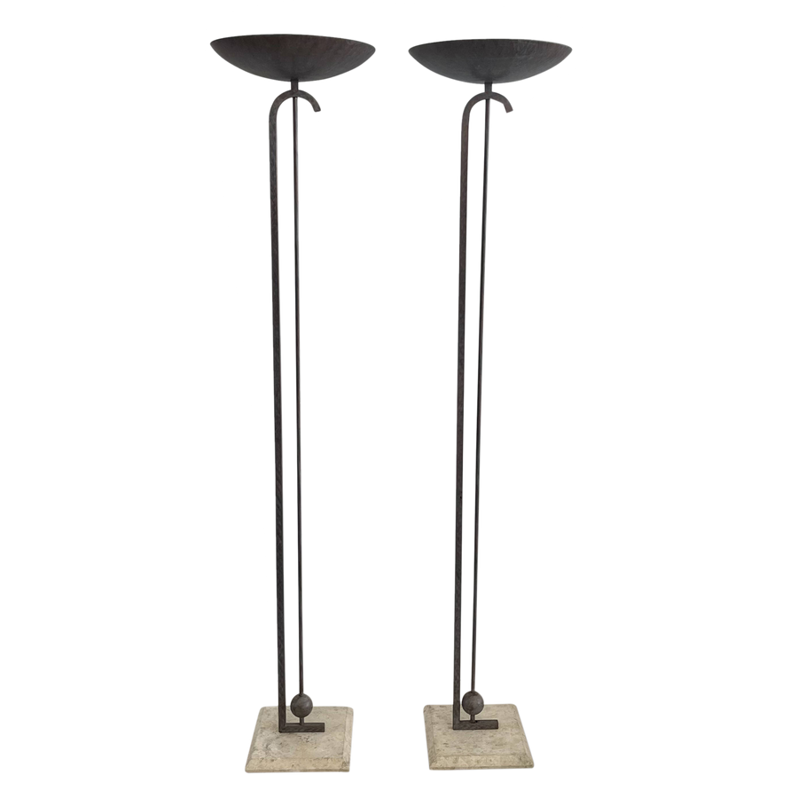 Pair of Bronze Travertine Base Floor Lamps