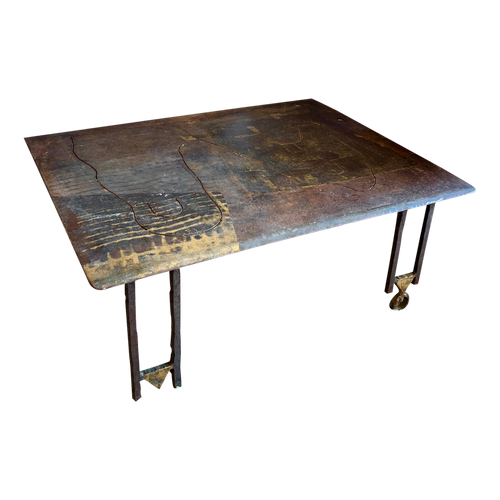 Etched Metal Table with Geometric Legs