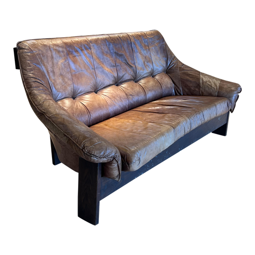 Leather Sofa with Sculptural Wood Frame
