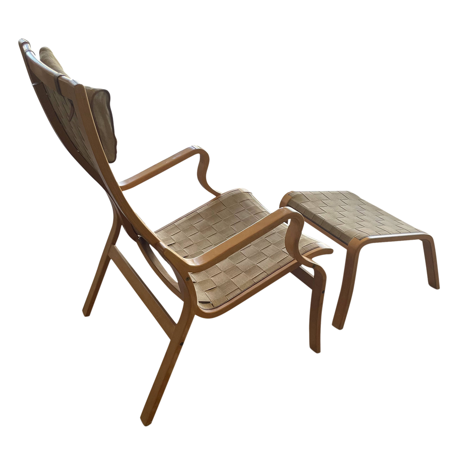 Beech Bentwood and Canvas Lounge Chair and Ottoman